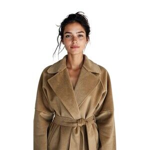 Camel Women Long Trench Coat XL Open Front Pockets Suede Style Kimono Sleeve